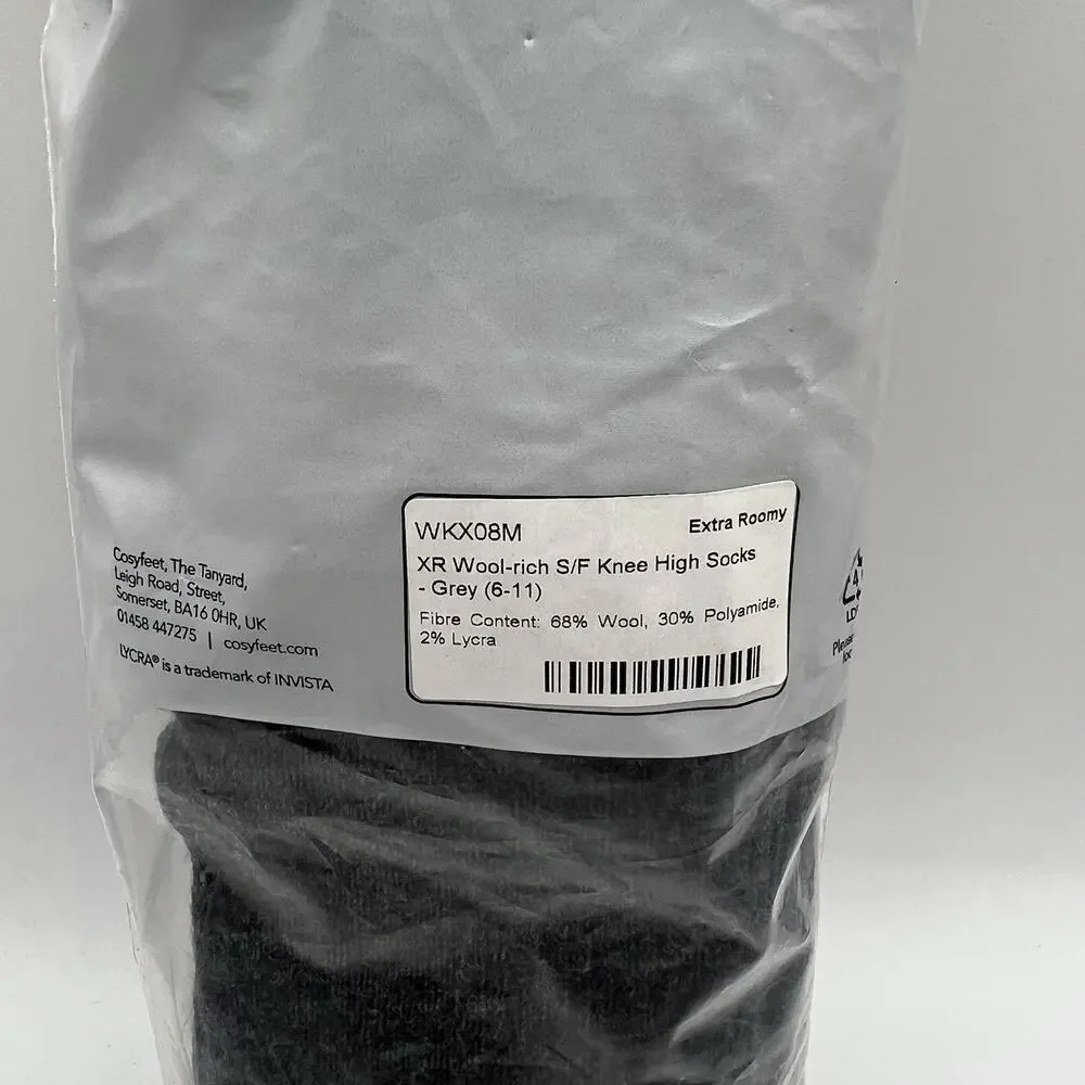 Cosyfeet Wool-Rich Knee High Socks Grey Extra Roomy Size M 6-11 2 Pairs Merino